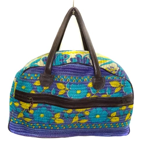 Kantha Luggage Bag With Leather Handle
